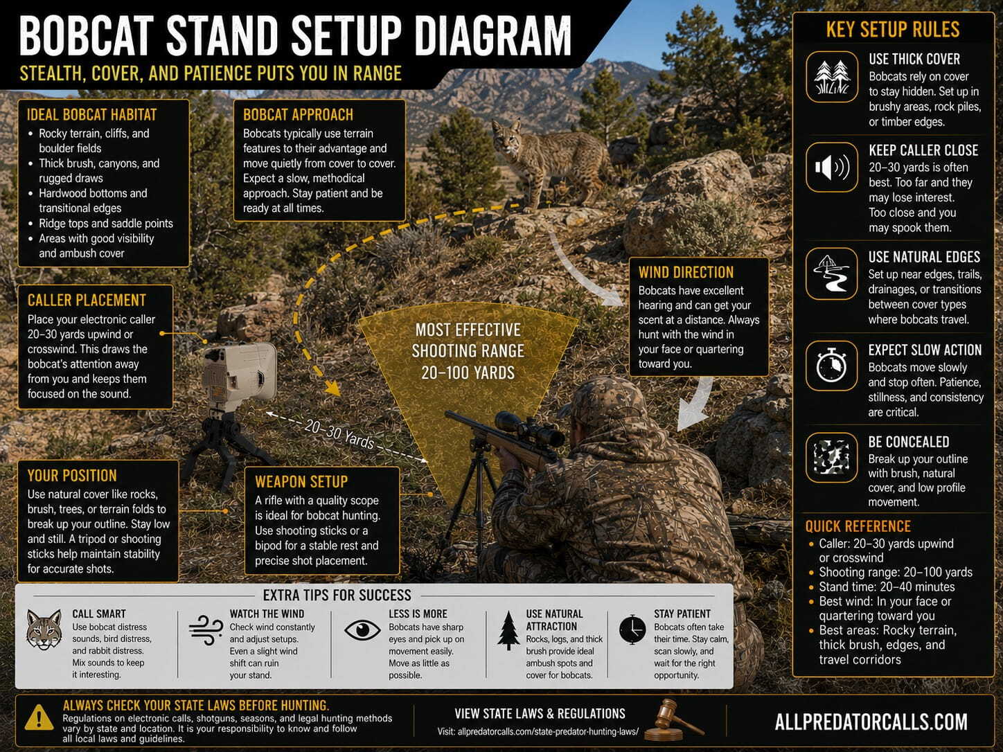 Bobcat hunting setup showing electronic caller, decoy, and approaching bobcat in thick terrain
