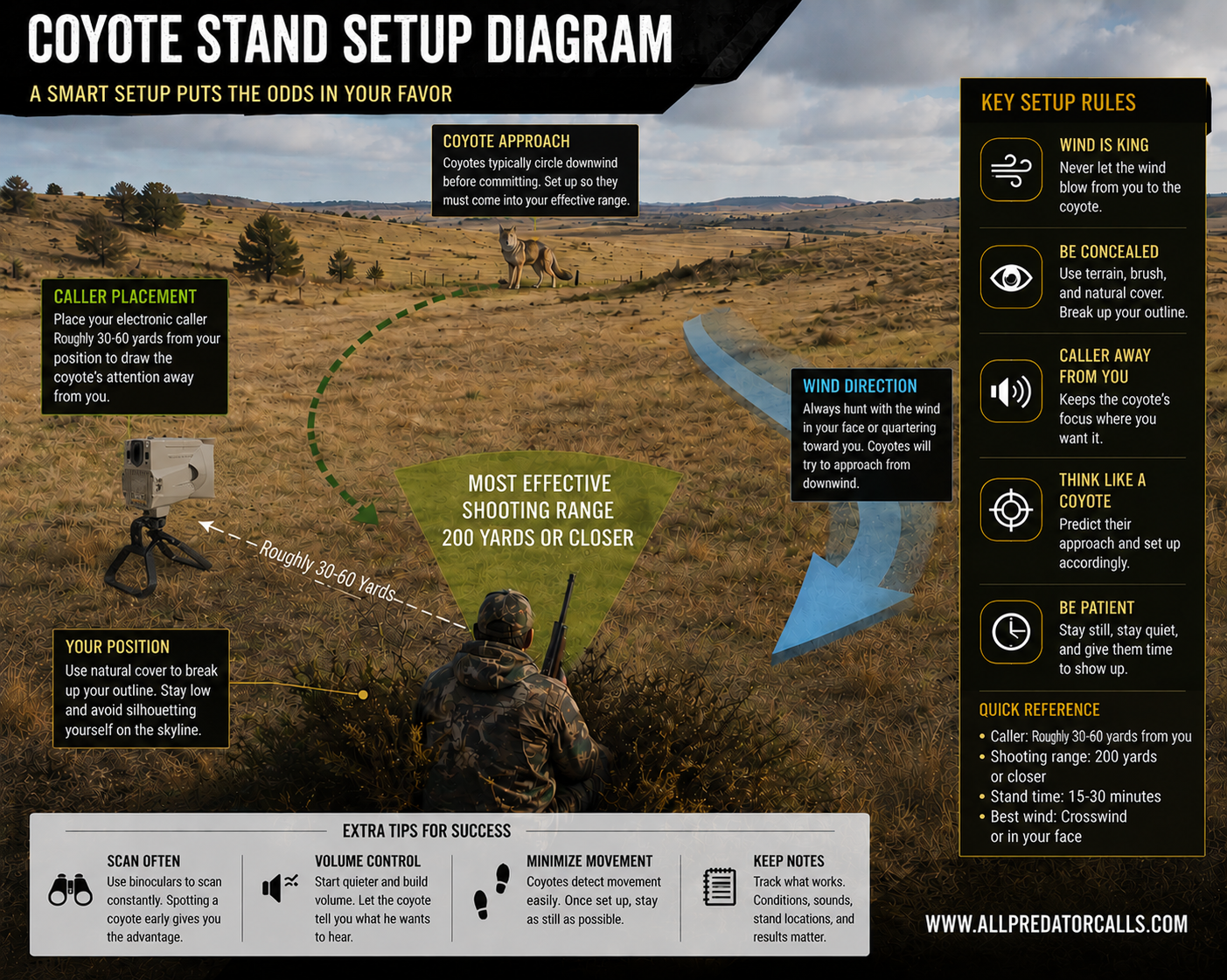 Coyote stand setup diagram showing wind direction, caller placement, and hunter positioning