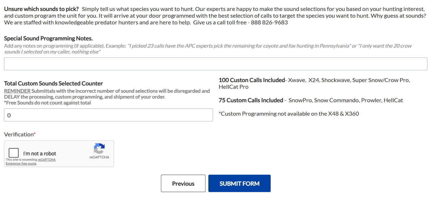 FOXPRO sound submittal form showing programming comments, selected sound counter, model sound allotments, reCAPTCHA verification, and Submit Form button