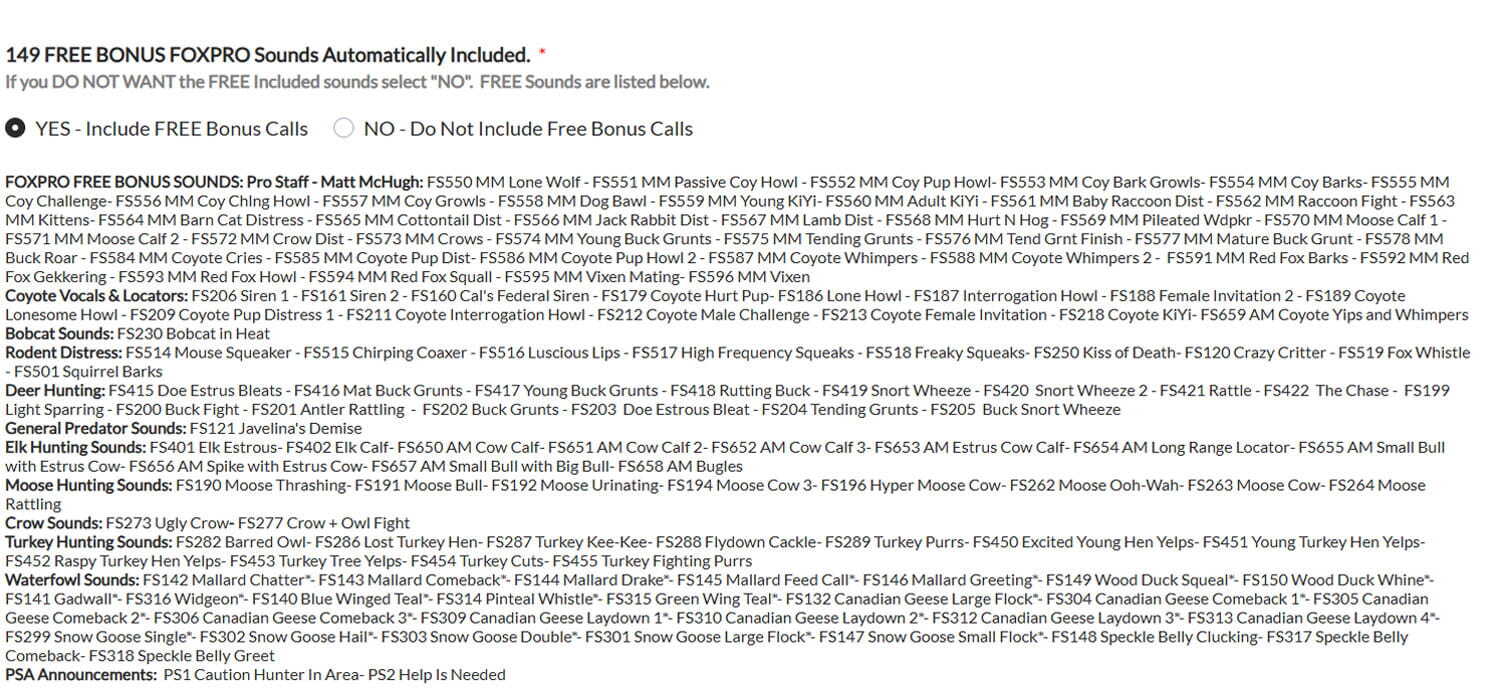 FOXPRO Custom Sound Submittal free bonus sounds section showing Yes Include Free Bonus Calls selected by default and No Do Not Include Free Bonus Calls