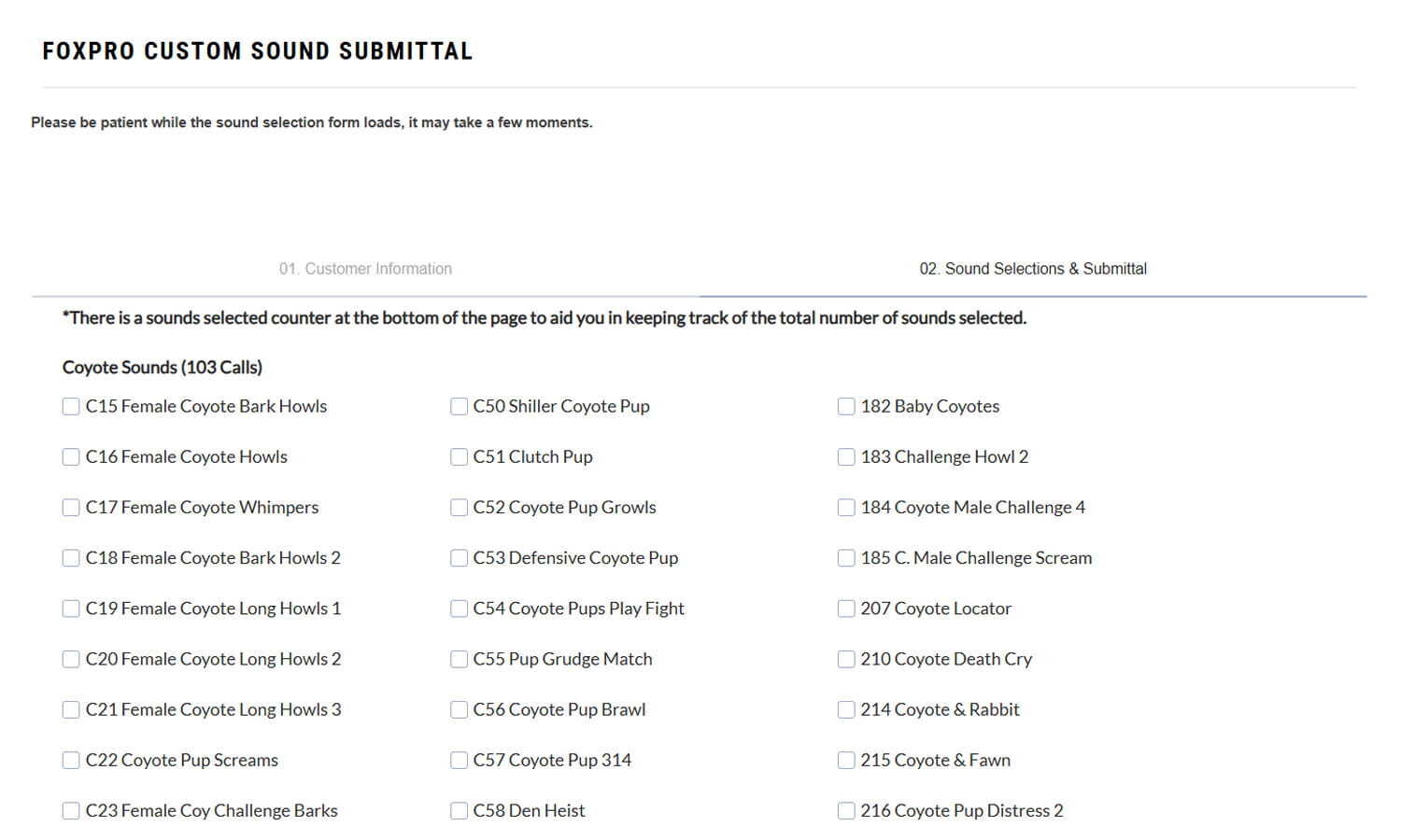 FOXPRO custom sound selection screen showing coyote sounds with FOXPRO sound identification numbers, sound names, and checkboxes