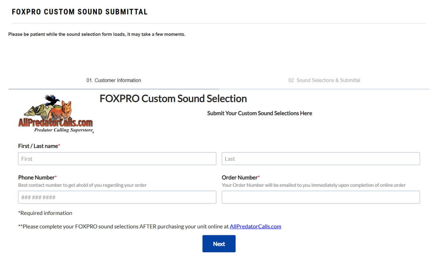FOXPRO Custom Sound Submittal first screen requesting first and last name, phone number, order number, and the Next button