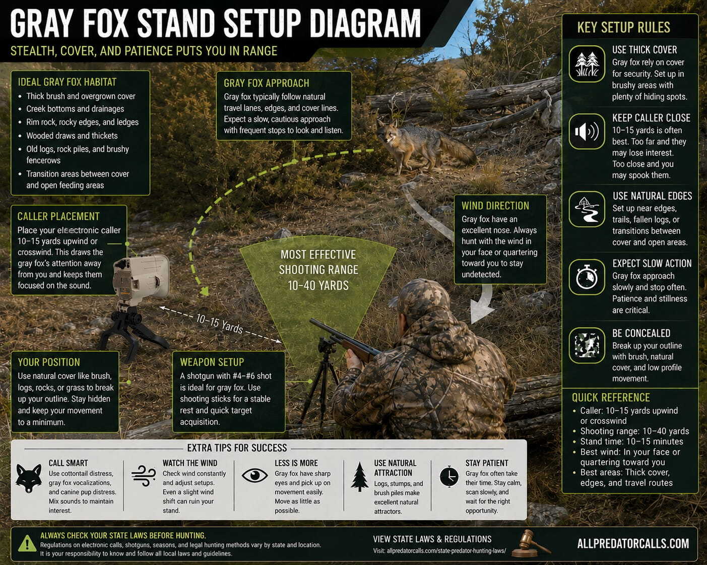 Gray fox hunting setup showing electronic caller, decoy, and approaching gray fox