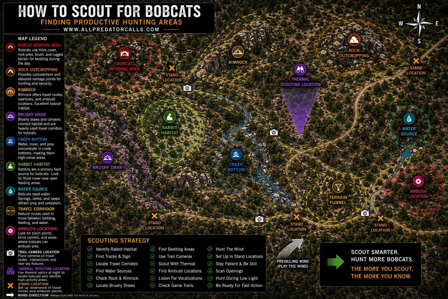 How To Scout For Bobcats Diagram Showing Rabbit Habitat, Rock Outcroppings, Rimrock, Travel Corridors, Water Sources, Thermal Scouting Locations, Trail Cameras, Wind Direction, And Stand Locations