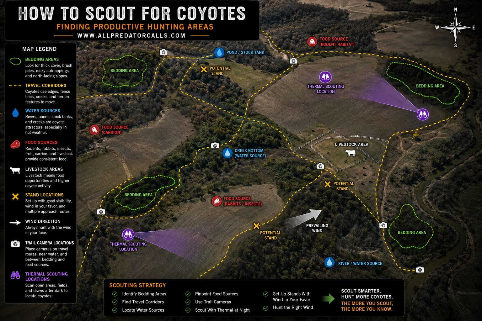 How To Scout For Coyotes Diagram Showing Bedding Areas, Travel Corridors, Water Sources, Food Sources, Trail Cameras, Thermal Scouting Locations, Wind Direction, And Stand Locations