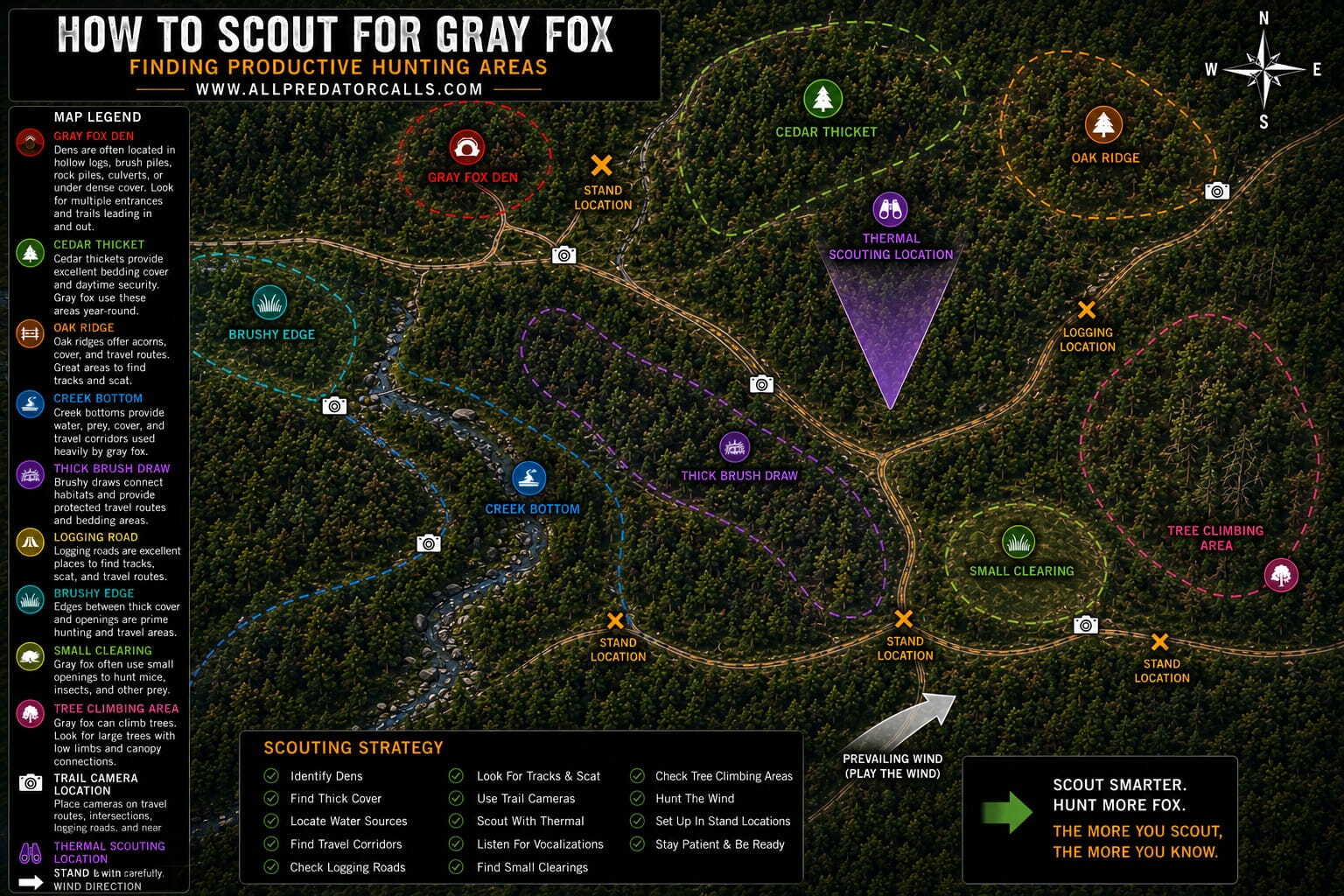 How To Scout For Gray Fox Diagram Showing Cedar Thickets, Creek Bottoms, Logging Roads, Dense Cover, Gray Fox Den, Thermal Scouting Locations, Trail Cameras, Wind Direction, And Stand Locations