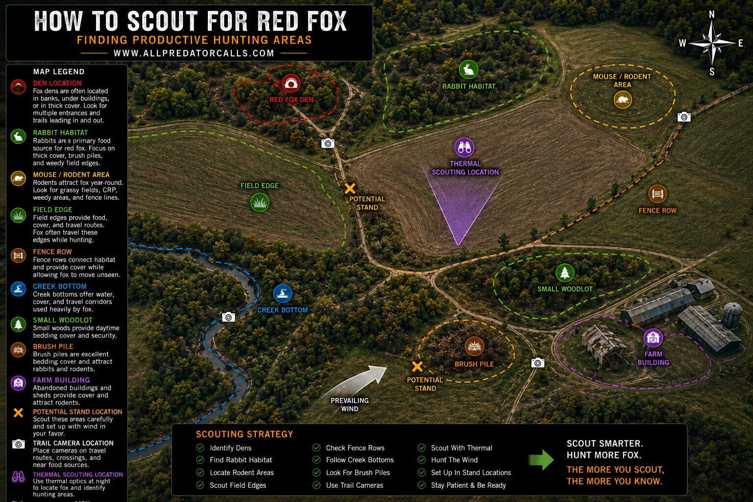 How To Scout For Red Fox Diagram Showing Rabbit Habitat, Brush Piles, Field Edges, Fence Rows, Den Locations, Trail Cameras, Thermal Scouting Locations, Wind Direction, And Stand Locations