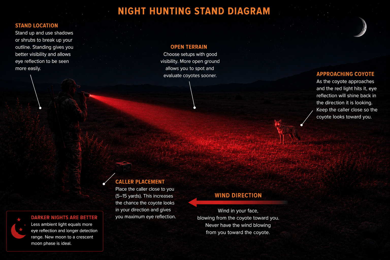 Night hunting stand setup diagram for calling coyotes with predator hunting lights