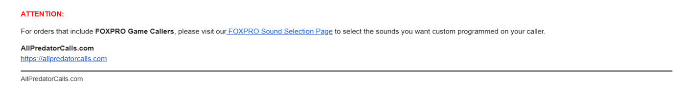 AllPredatorCalls.com order confirmation email showing the FOXPRO Sound Selection Page link for custom programmed game callers