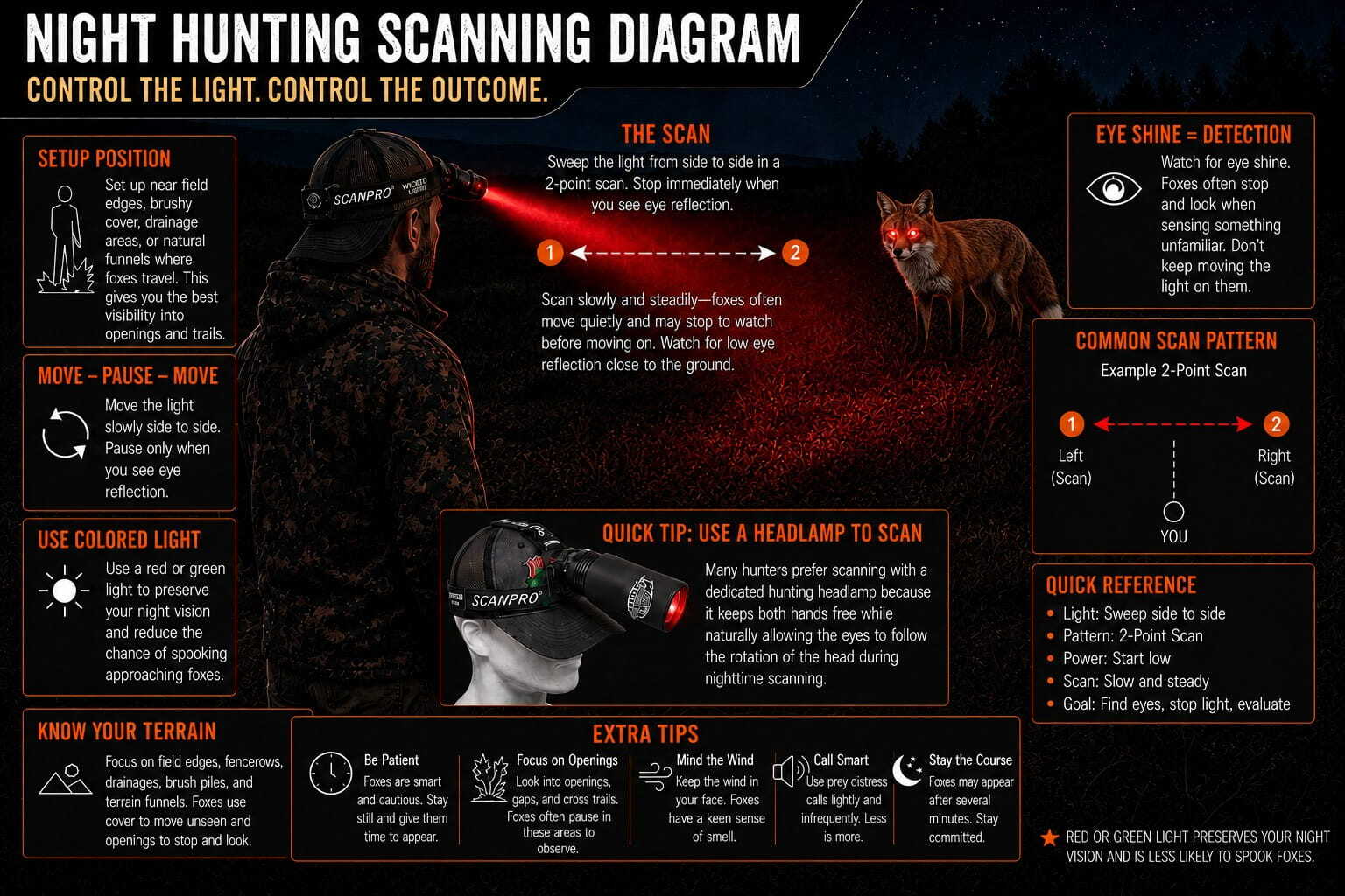 Night hunting red fox setup showing scanning technique, red light use, and fox eye reflection