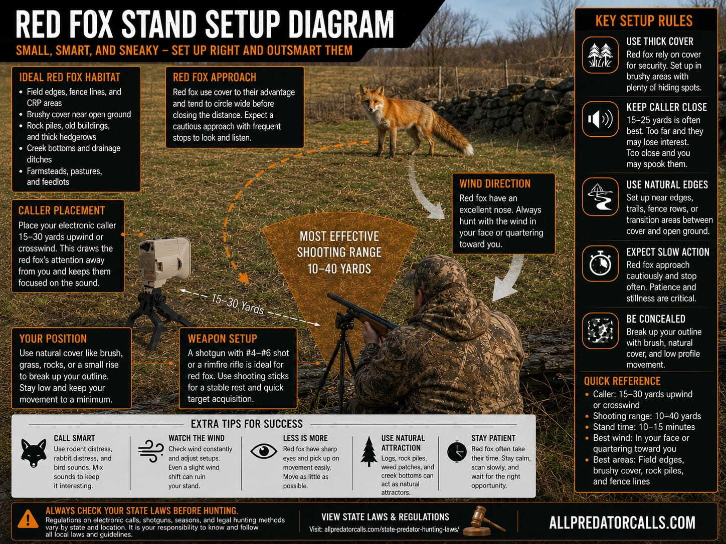 Red fox hunting setup showing electronic caller, decoy, and approaching red fox in open terrain
