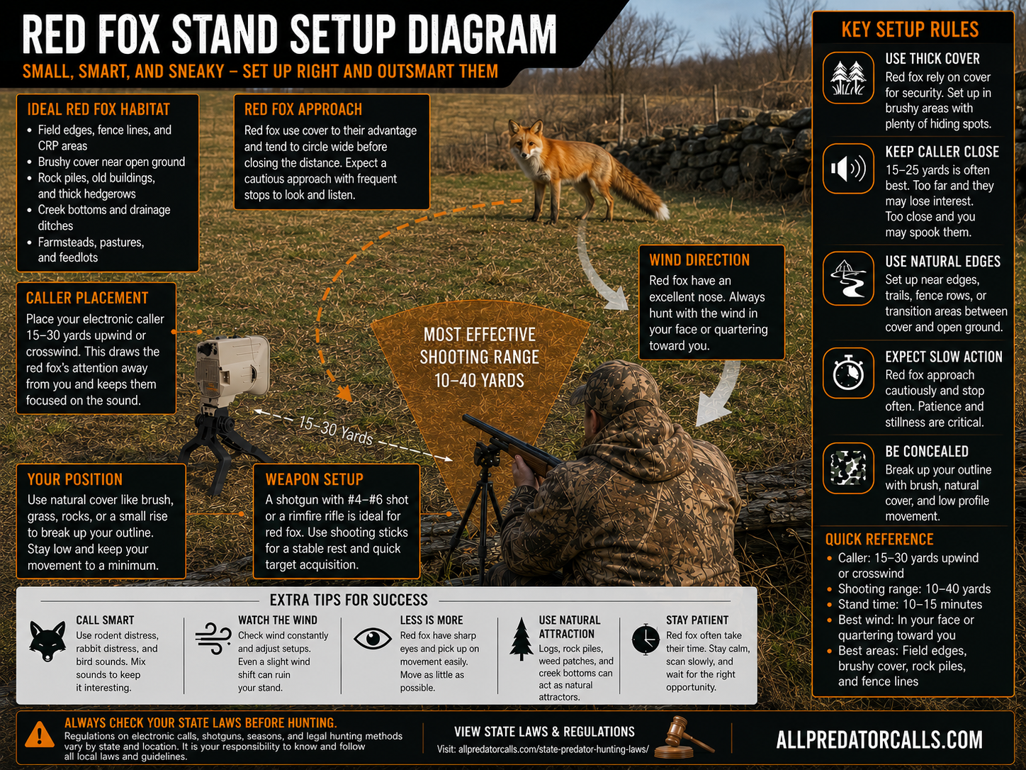 Red fox hunting setup showing electronic caller, decoy, and approaching red fox in open terrain