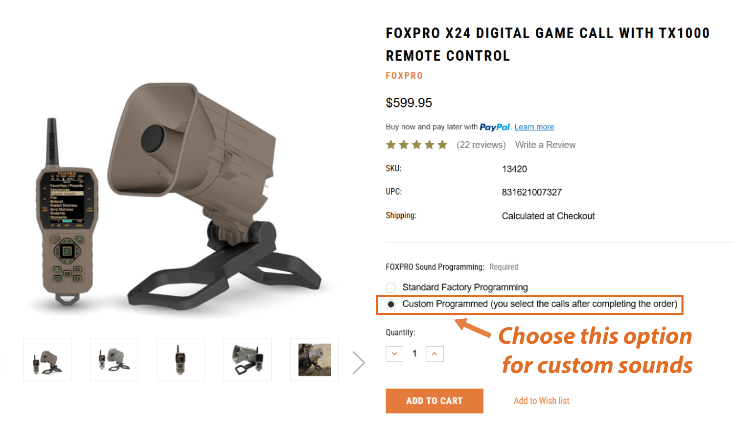 FOXPRO product page showing the Custom Programmed option selected before adding the electronic caller to the cart
